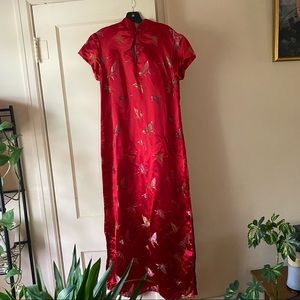 Vintage red butterfly Chinese cheongsam maxi dress